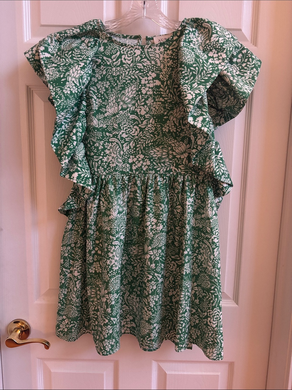 Aura Green and White Floral Ruffle Sleeve Mini Dress